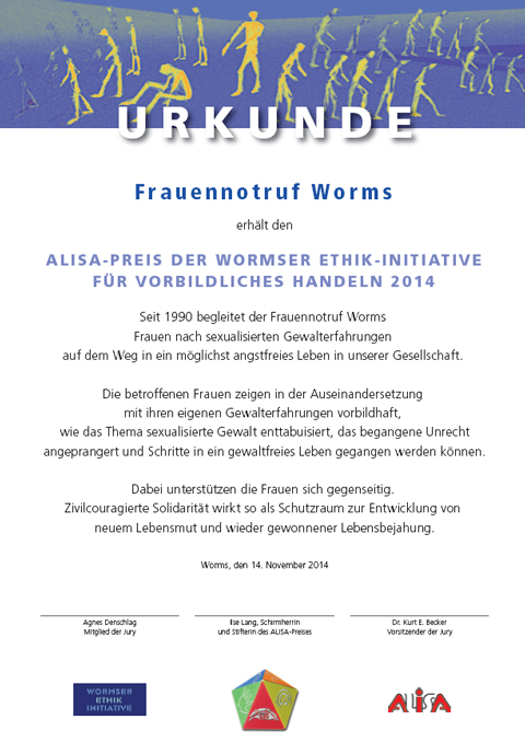 Urkunde 2014 für Frauennotruf Worms