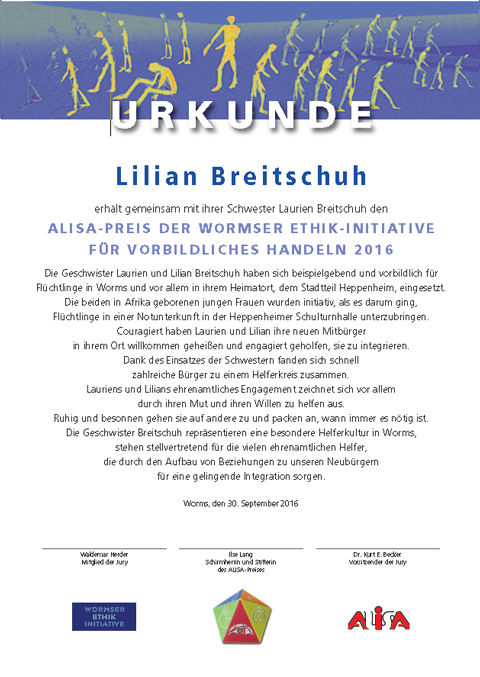 Urkunde 2016 an Lilian Breitschuh
